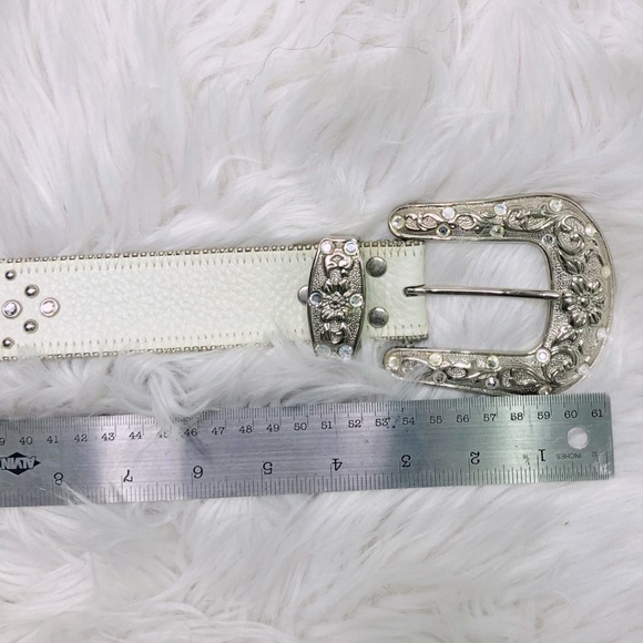 White Italian Leather Rhinestone and Silver Belt main image 7